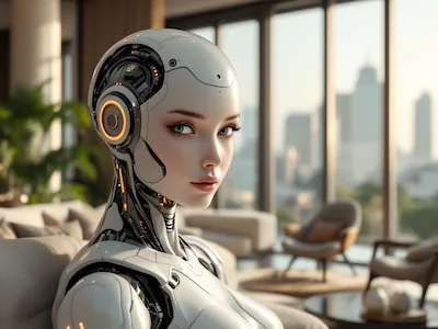 Kvinnelig humanoid robot i moderne stue – AI med menneskelige trekk