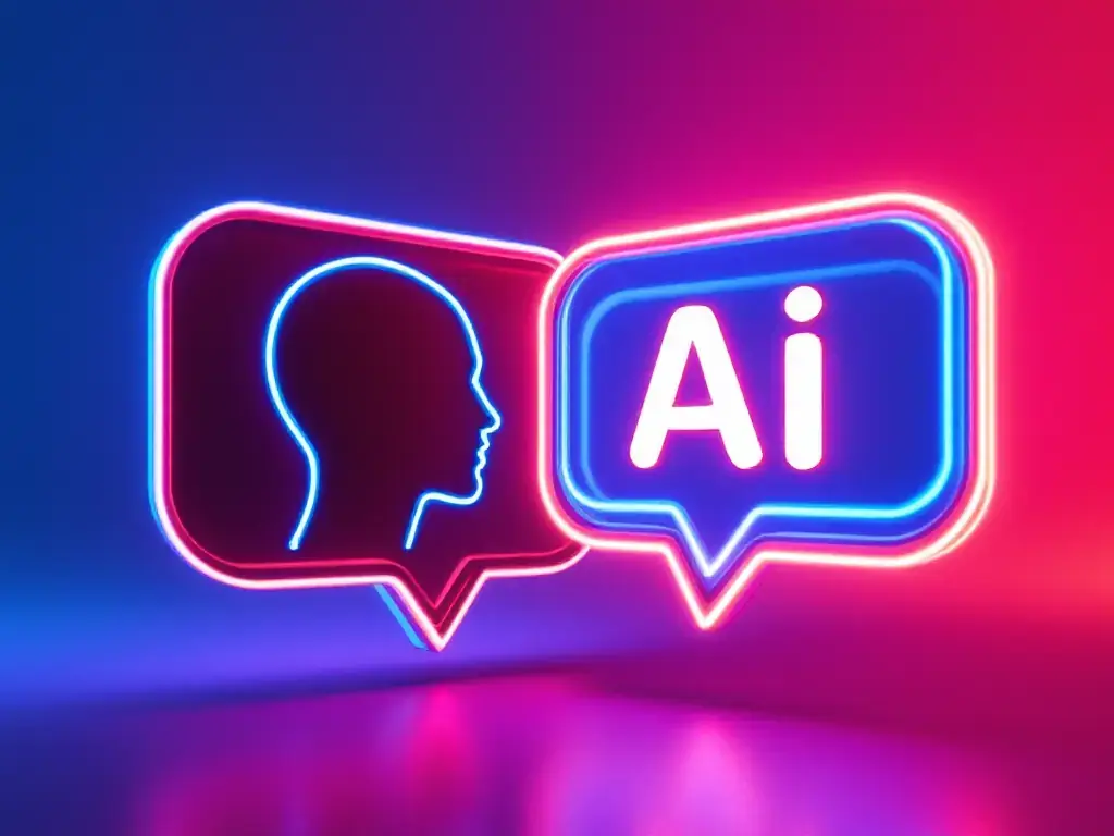 Neon-symbol for AI og kommunikasjon – kontakt med kunstig intelligens