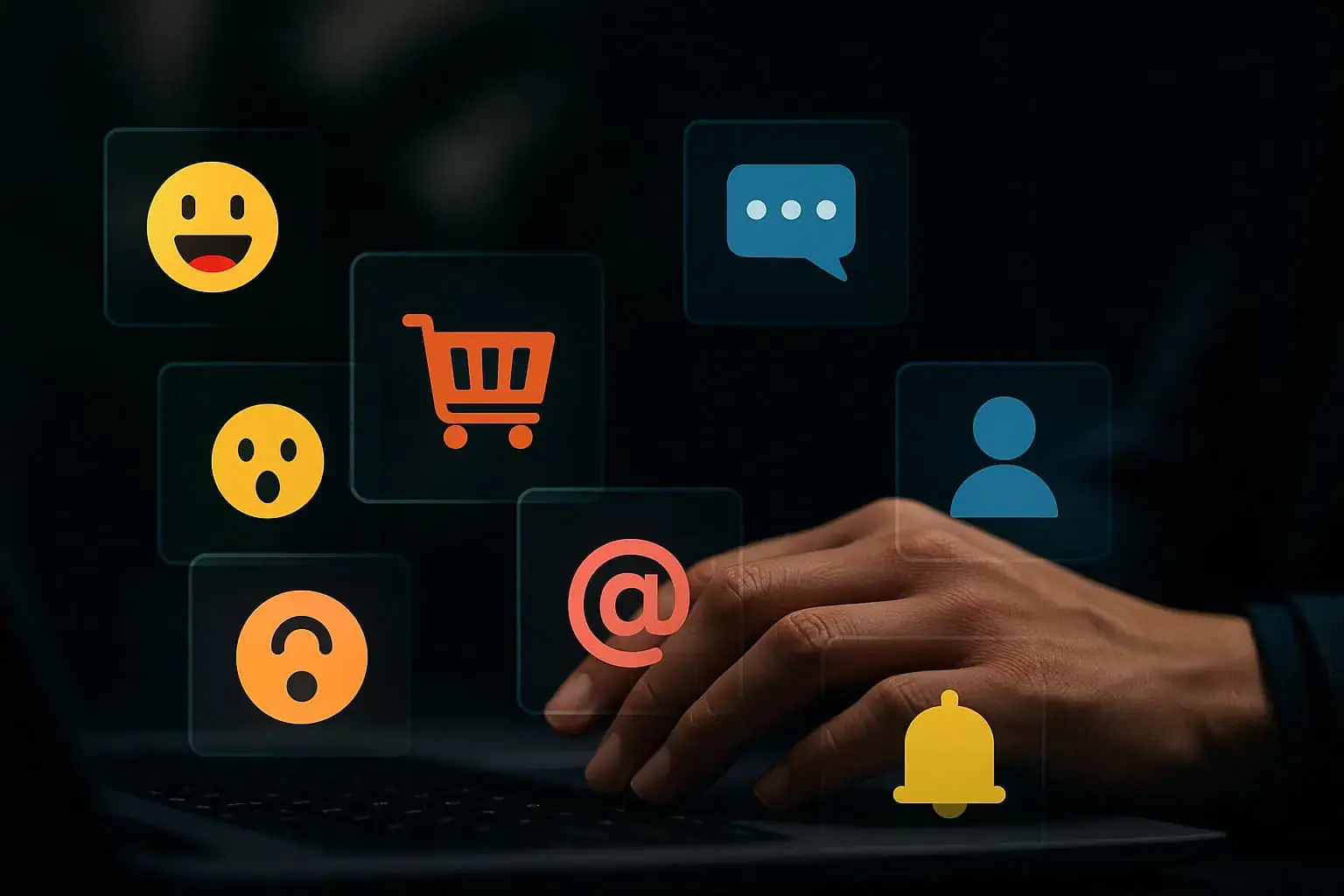 Hånd på tastatur med digitale ikoner – meld deg på nyhetsbrev om kunstig intelligens