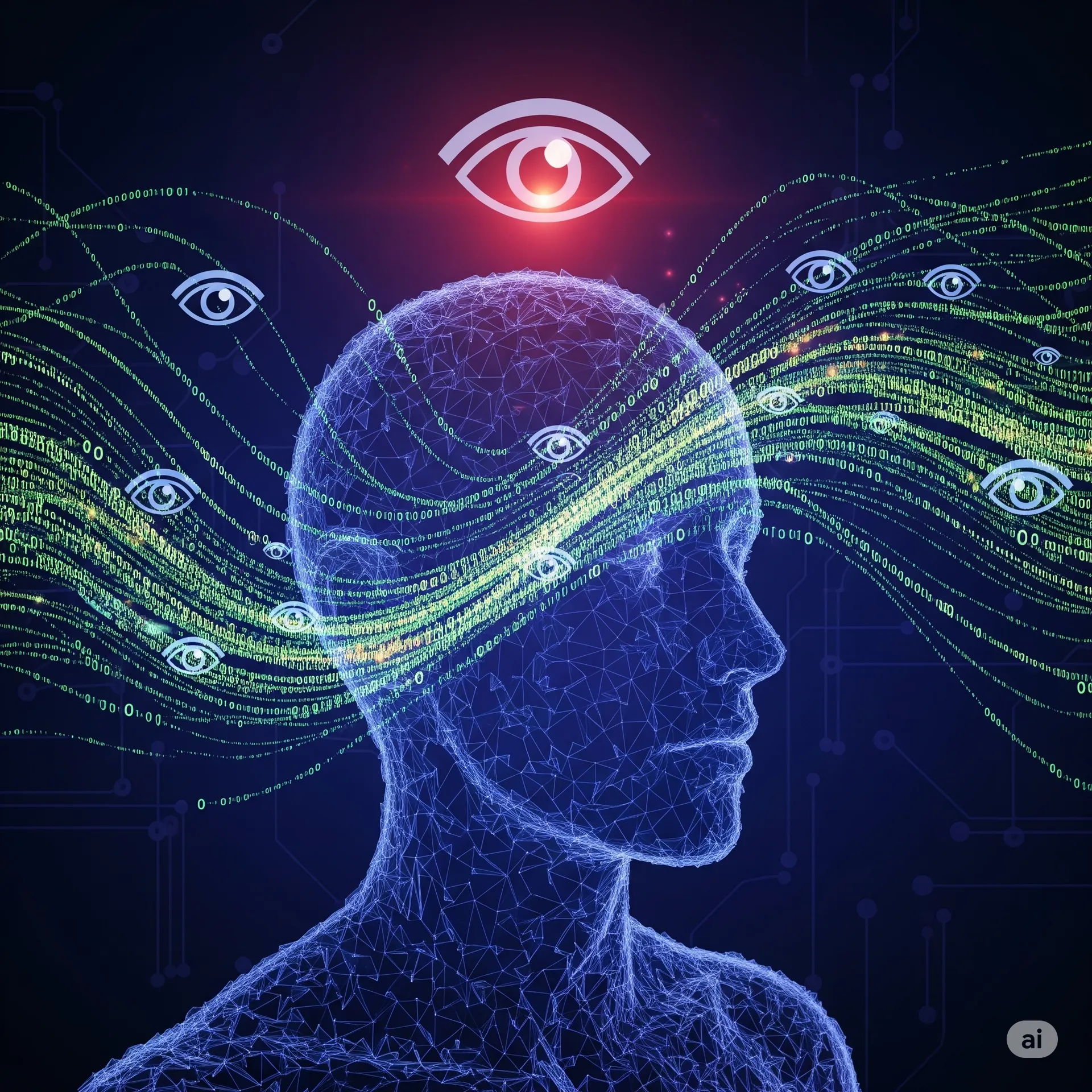 Digitalt kunstbilde av menneskehode i blått nettverk med datastrøm og overvåkingsøyne – symboliserer personvern og kunstig intelligens